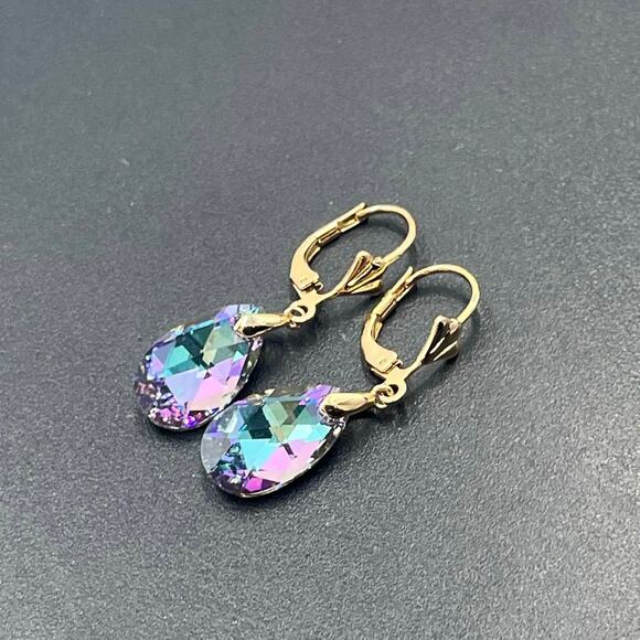 Xuping Vitrail Purple Iridescent Rainbow Crystal Silver Tone Teardrop Earrings - Picture 1 of 14